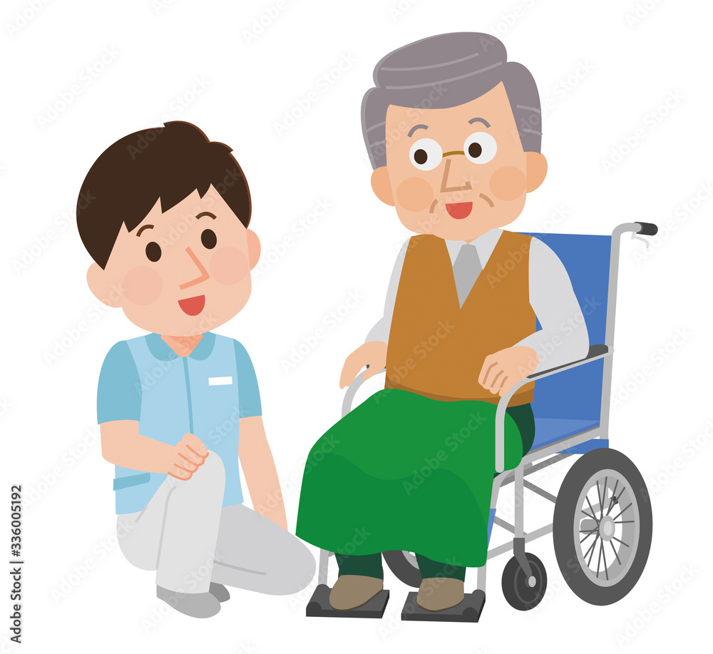 車椅子のおじいさん 介助 寄り添う男性介護士 イラスト Stock Vector Adobe Stock