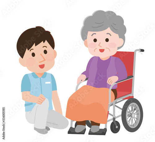 車椅子のおばあさん　介助　寄り添う男性介護士 イラスト