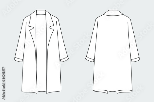 Coat vector template isolated on a grey background. Front and back view. Outline fashion technical sketch of clothes model. photo