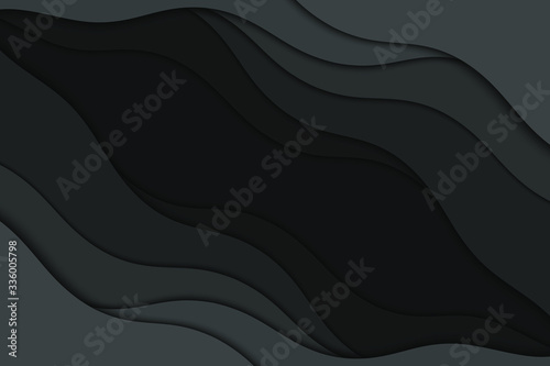 Background with black waves. Abstract wavy black paper background.