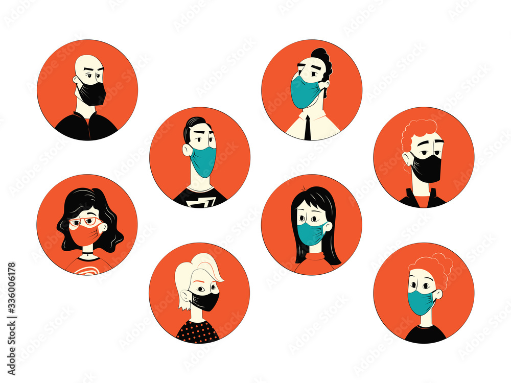 Coronavirus icons pack. Novel coronavirus (2019-nCoV), people in medical face mask. Stay home. Coronavirus icons pack. Novel coronavirus (2019-nCoV), people in medical face mask. Stay home.