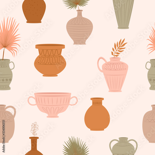 Seamless pattern with ceramic bowls, vase, jugs with palm leaf. Editable vector illustration.