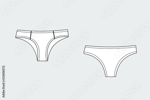 Lingerie briefs female vector template isolated on a grey background. Front and back view. Outline fashion technical sketch of clothes model.