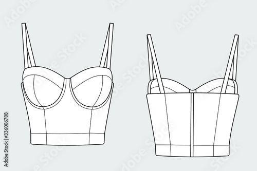 Lingerie bra bustier female vector template isolated on a grey background. Front and back view. Outline fashion technical sketch of clothes model. photo