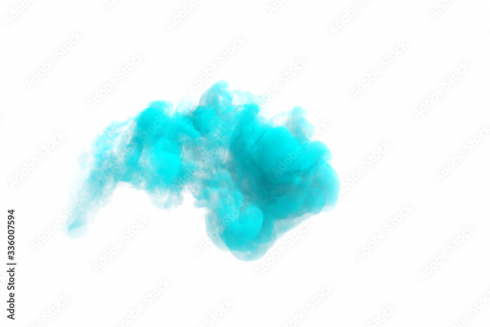 Steam background. Blue smog isolated on white. Aquamarine smoke cloud concept. Fog and mist effect for banner, card, poster, poster