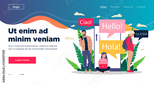 Online multi language translator flat vector illustration. Smartphone with translation app. People learning foreign language via mobile service concept.