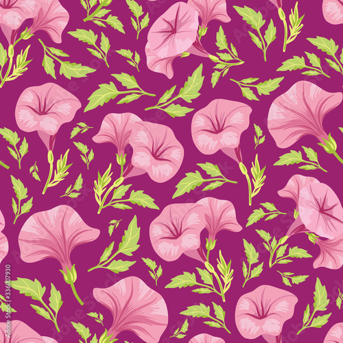 Beautiful vector pink petunia flower with leaf repeat pattern background