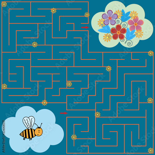Colorful maze game for children where the bee must find the way to the lawn with flowers, blue background with flowers, vector illustration