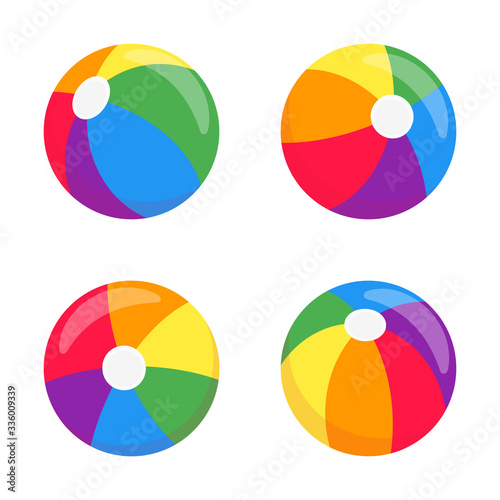 Beach balls flat style design vector illustrationset icon signs isolated on white background. Retro styled toy for summer games or holidays balls in various positions and colorful versions.