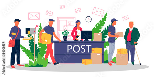 People at post office receiving parcels and mails vector illustration. Couriers delivering correspondence and packages to customers. Mail service office, shipping and delivery department