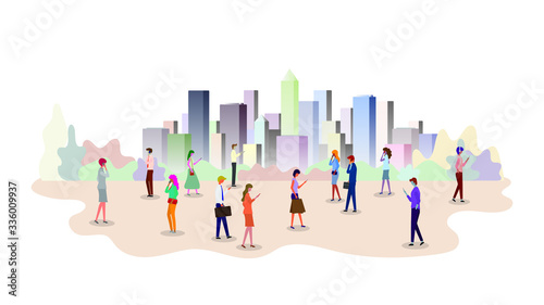 Group of different people with mobile phones and gadgets on city background. Set of man and woman characters use smartphone, Trendy persons crowd on street.