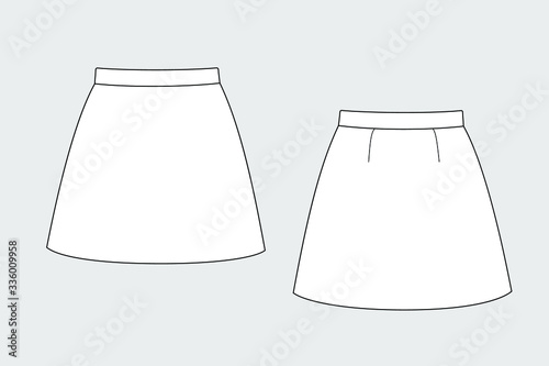 Female skirt vector template isolated on a grey background. Front and back view. Outline fashion technical sketch of clothes model.