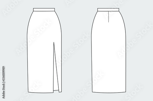 Female  cut out straight skirt vector template isolated on a grey background. Front and back view. Outline fashion technical sketch of clothes model.