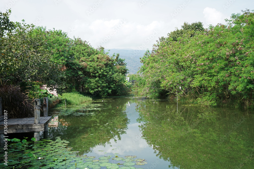 Natural lake view with green mountain park and cloudy sky