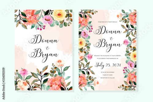 wedding invitation card template with floral watercolor background