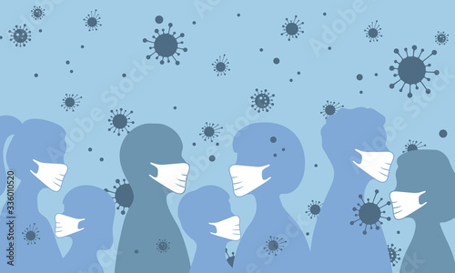 Concept of coronavirus quarantine and mask protection. Covid infection in the air, airborne transmission, people crowd wearing white medical face masks.