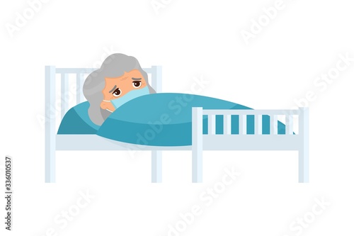 Sick old woman with medical mask in hospital bed flat vector illustration. Granny with virus disease cartoon character.  Patient relaxing under blanket isolated on white background