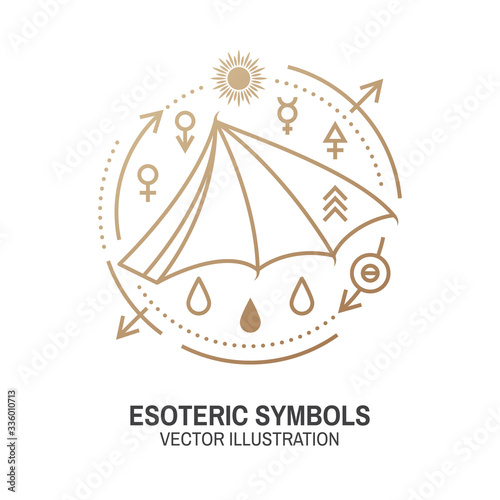 Esoteric symbols. Vector. Thin line geometric badge. Outline icon for alchemy or sacred geometry. Mystic and magic design with bat wing, stars, planets and moon.