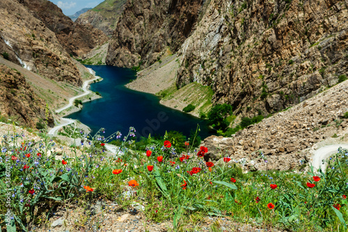 Fototapeta Naklejka Na Ścianę i Meble -  The beautiful seven lake trekking destination. View on the lake number one of the Fan Mountains in Tajikistan, Central Asia