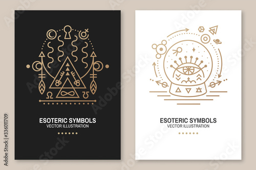 Esoteric symbols poster. Vector. Thin line geometric badge. Outline icon for alchemy, sacred geometry. Mystic, magic design with portal to another world and glass ball with all-seeing eye