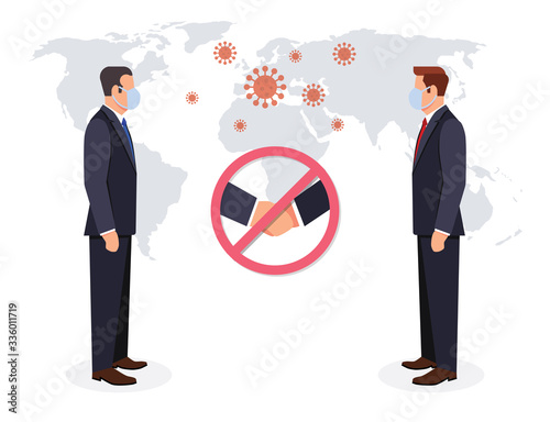 Stop hand shake concept. Don't touch please, stay safe. Two businessman keep distance away in the meeting with virus pathogens.