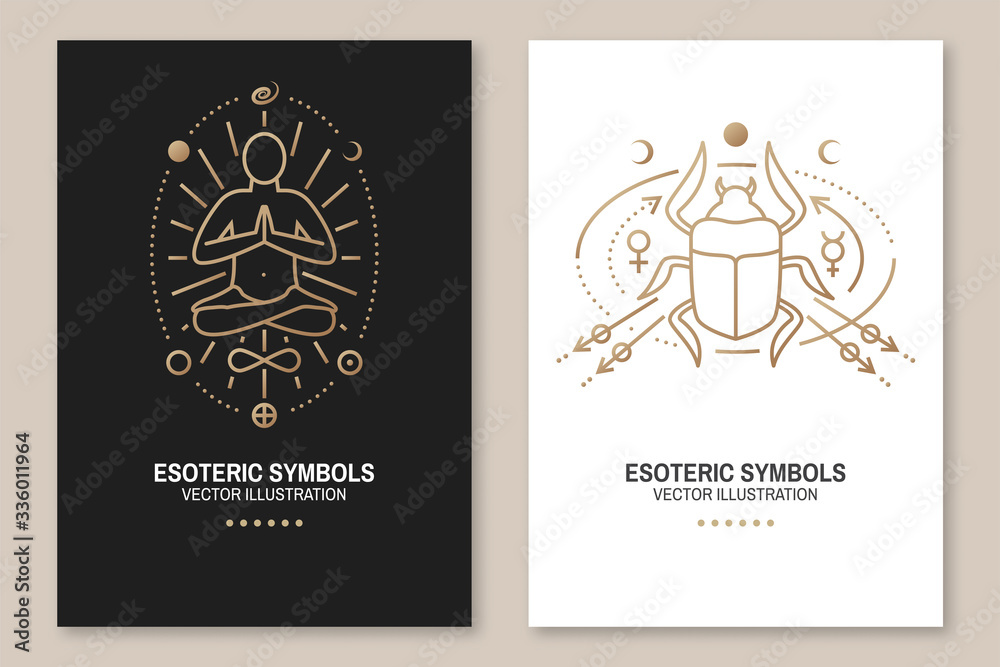 Fototapeta premium Esoteric symbols poster. Vector. Thin line geometric badge. Outline icon for alchemy, sacred geometry. Mystic, magic design with man sitting in yoga lotus pose, egyptian scarab beetlee