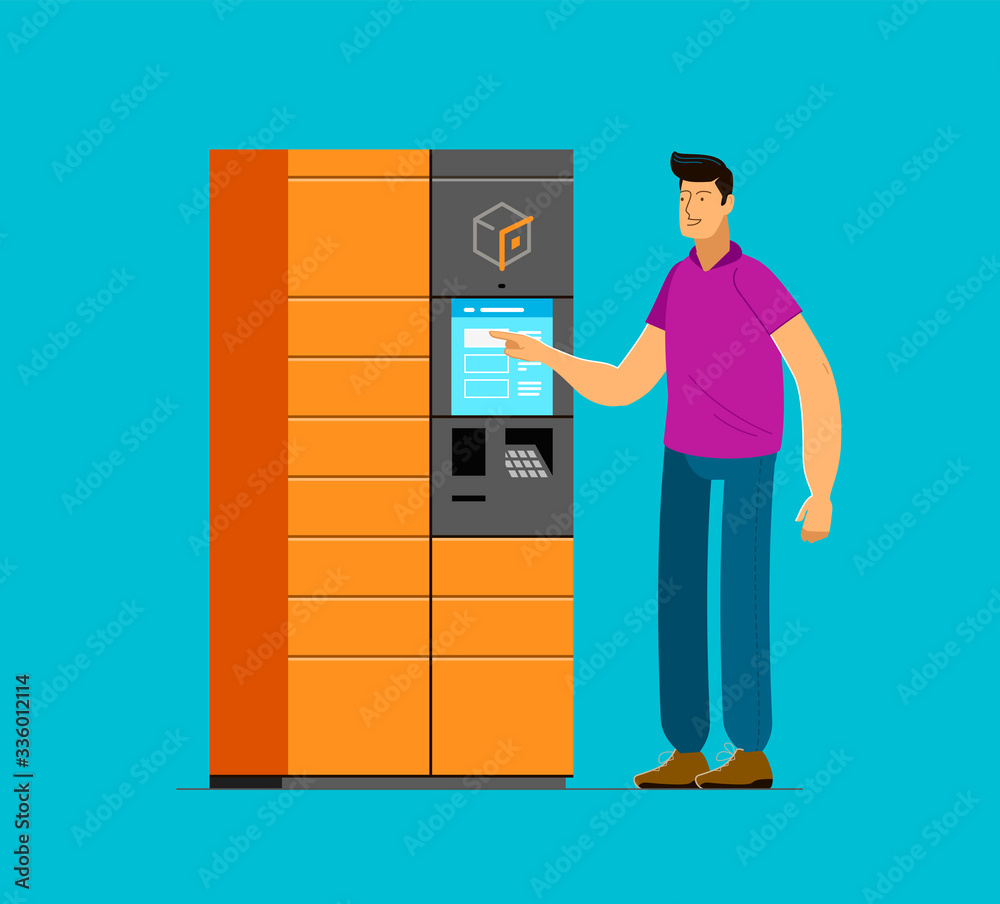 Self service post terminal. Man receives parcel vector illustration