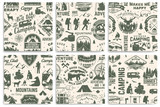 Set of summer camp seamless pattern, background. Vector. Retro typography design with rv trailer, tent, mountain, campfire, hiker and forest silhouette. For camping and hiking organizations