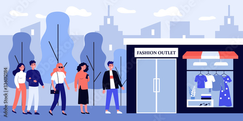 Queue of people waiting trendy fashion outlet opening. Customers standing at store entrance doors. Vector illustration for shopping, sale event, boutique concept