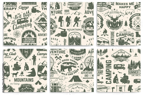Set of summer camp seamless pattern, background. Vector. Retro typography design with rv trailer, tent, mountain, campfire, hiker and forest silhouette. For camping and hiking organizations