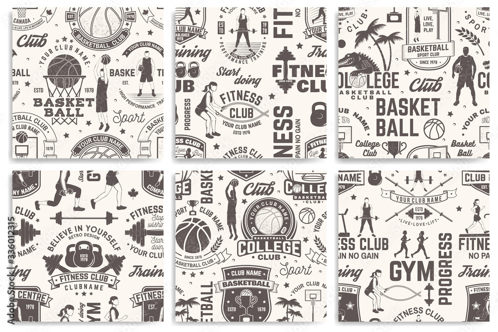 Basketball and fitness club seamless pattern, background. Vector. Seamless sport pattern with basketball ball, basket, hoop, girl with battle ropes. Basketball and fitness sport club texture.