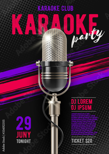 Karaoke poster template with retro microphone. Vector illustration. Design for cover, flyer, invitation, placard.