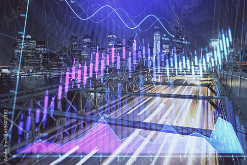 Forex chart on cityscape with tall buildings background multi exposure. Financial research concept.