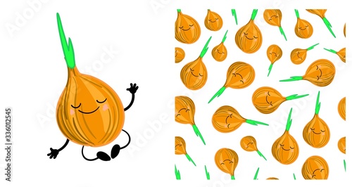 onion vegetable character cute. Seamless vegetable pattern with onions. Children's vector illustration..
