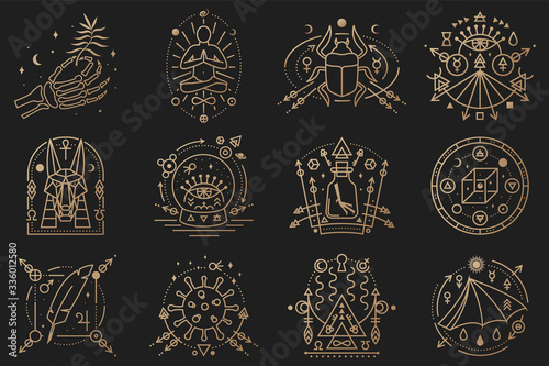 Esoteric symbols. Vector illustration. Outline icon for alchemy, sacred geometry. Mystic, magic design with man in yoga lotus pose, bat wing, chemistry flask, skull, gate, scarab beetle