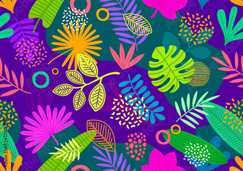 Seamless background with tropical leaves and plants. Floral multicolored pattern for wallpaper, cover, poster, flyer, greeting or invitation, Vector illustration.