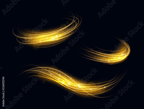Abstract light effect. Glowing light lines with sparkles on black background. Glowing neon light shape. Light  stroke. Vector illustration.