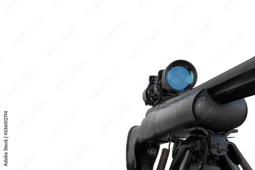 Rifle with a scope and bipod on white background with clipping path