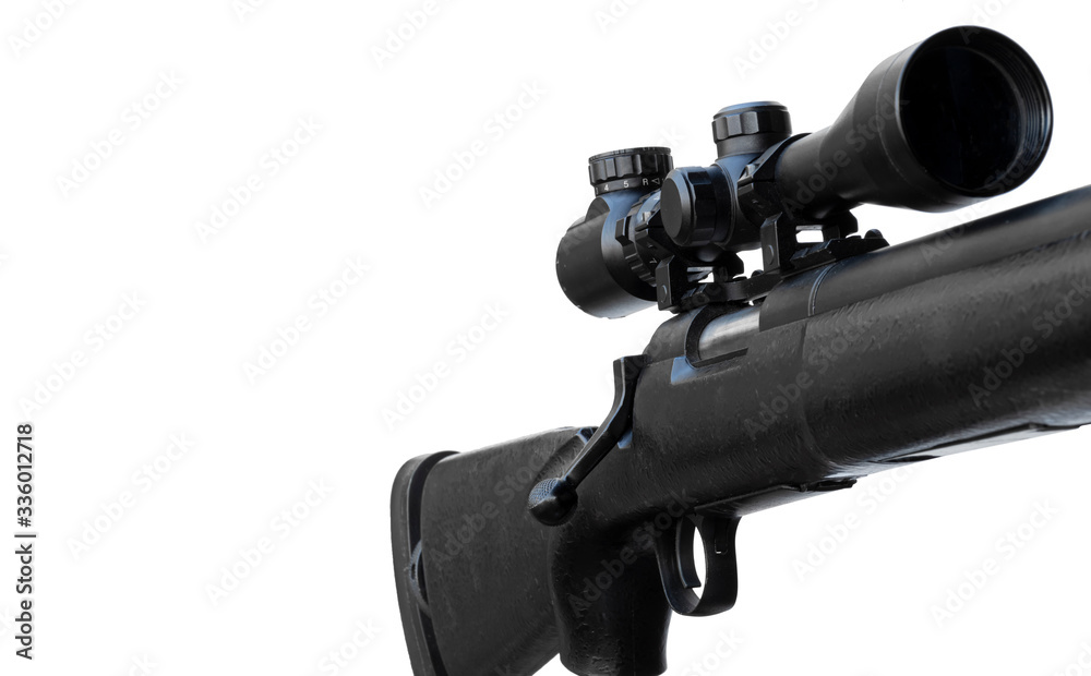 Rifle with a scope and bipod on white background with clipping path