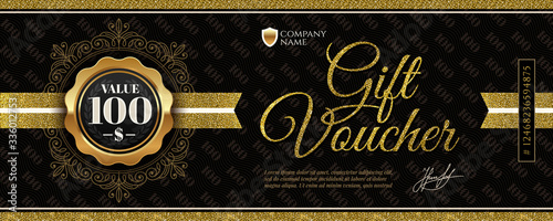 Gift voucher template with glitter gold elements. Vector illustration. Gift voucher value 100 dollars with guilloche design element.