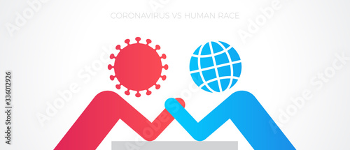 COVID-19 vs human - arm wrestling contest. Concept vector illustration. Coronavirus vs human race.