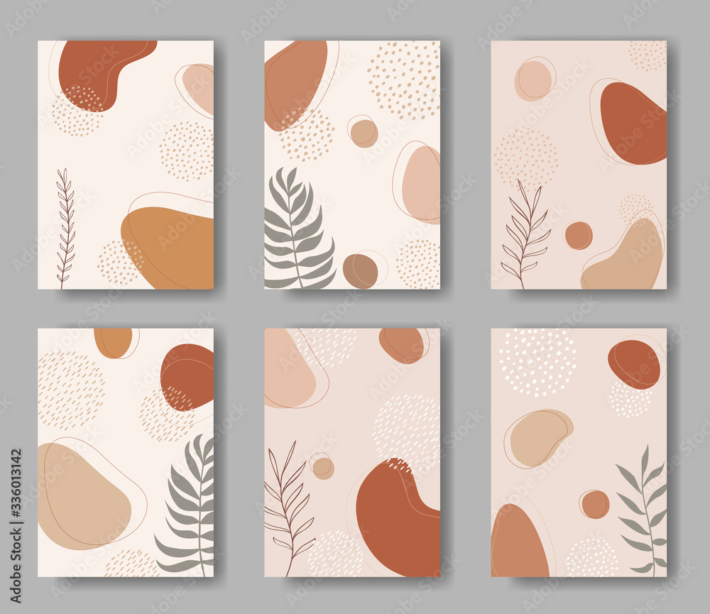 Fototapeta premium Set of vector cards with abstract forms, dots and leaves ornament