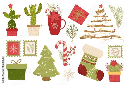 Set new year illustration. Alternative christmas tree. Cactus and branches.