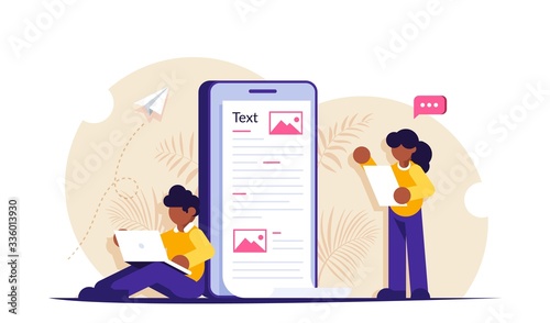 Create content concep. People are working on creating information al-information posts on social networks or news sites. Modern flat vector illustration.