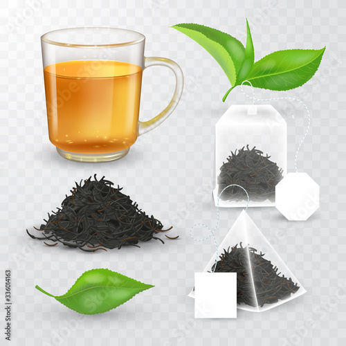 High detailed vector illustration of tea design elements collection. Transparent cup with liquid and dry tea. Pyramidal and rectangular tea bag with label. Realistic green tea leaves.