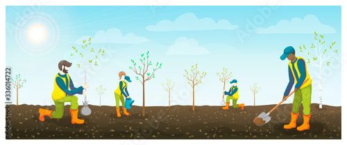 people planting trees in brown fertile soil. horizontal vector flat illustration. teenagers or volunteers is seeding and watering sapling in field, garden or park. springtime work. Arbor Day banner.