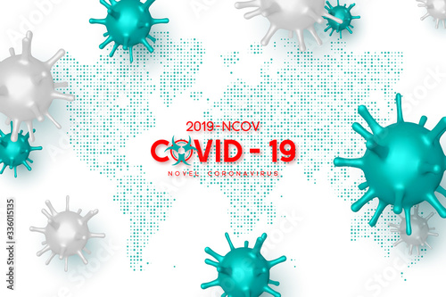 Coronavirus concept, virus strain of MERS-Cov and Novel coronavirus 2019-nCoV, Covid-19. Vector 3d dangerous virus with world map. Coronavirus outbreak background.