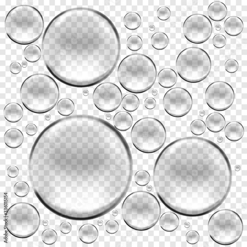 Clear round water bubbles on transparent background, realistic vector illustration