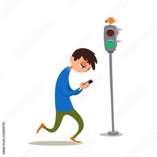 Young man at traffic light looking in phone. Smartphone addiction. Vector illustration