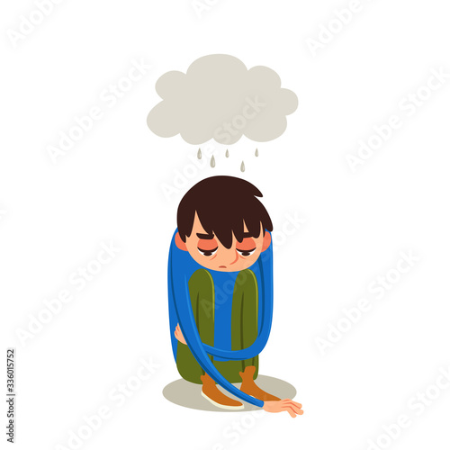 Young man sitting on floor with gray cloud of sad thoughts. Vector cartoon character in depression. Illustration of emotional condition